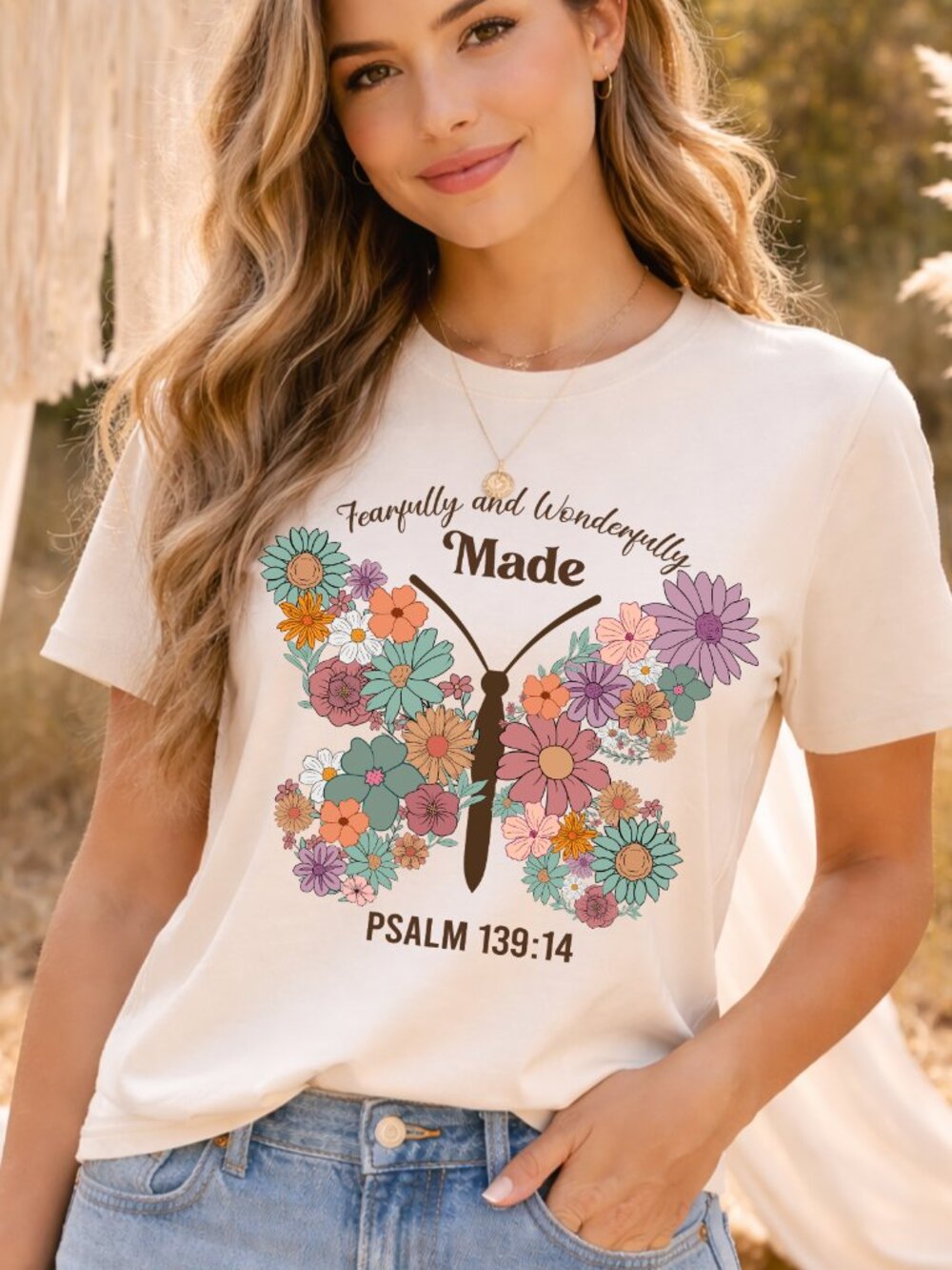 Boho Christian Butterfly Shirt Retro Floral Psalm 139:14 Bible Verse Faith Tee